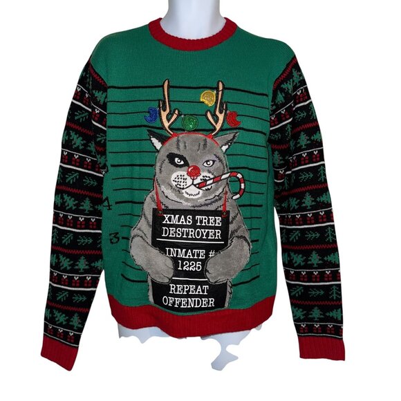 NWT Blizzard Bay Cat Inmate Sweater Mens M Christmas Holiday Tree Destroyer - Picture 1 of 9